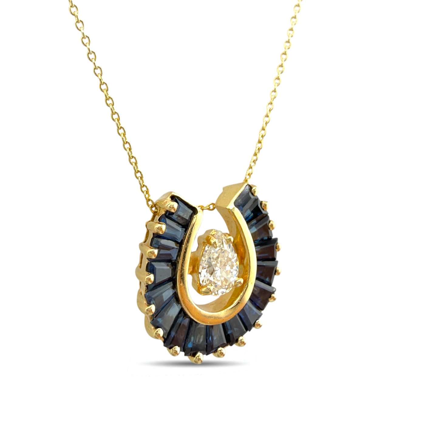 14K Yellow Gold Sapphire and 0.3ct Diamond Shoehorn Pendant Necklace