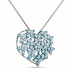Heart pendant necklace, openwork setting with sky-blue stones and diamond trim