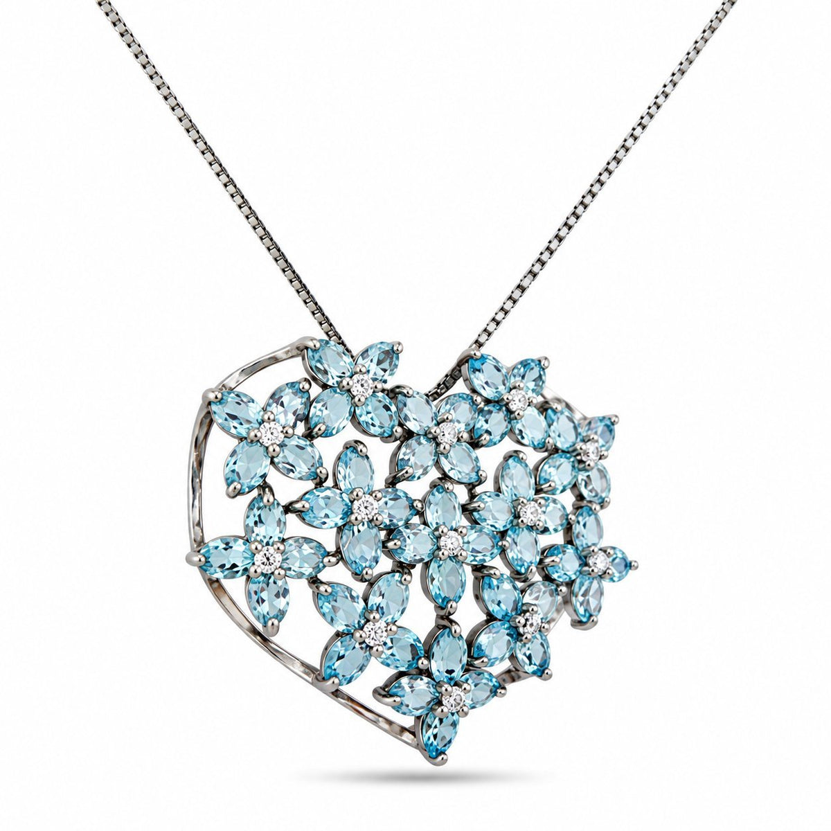 Heart pendant necklace, openwork setting with sky-blue stones and diamond trim