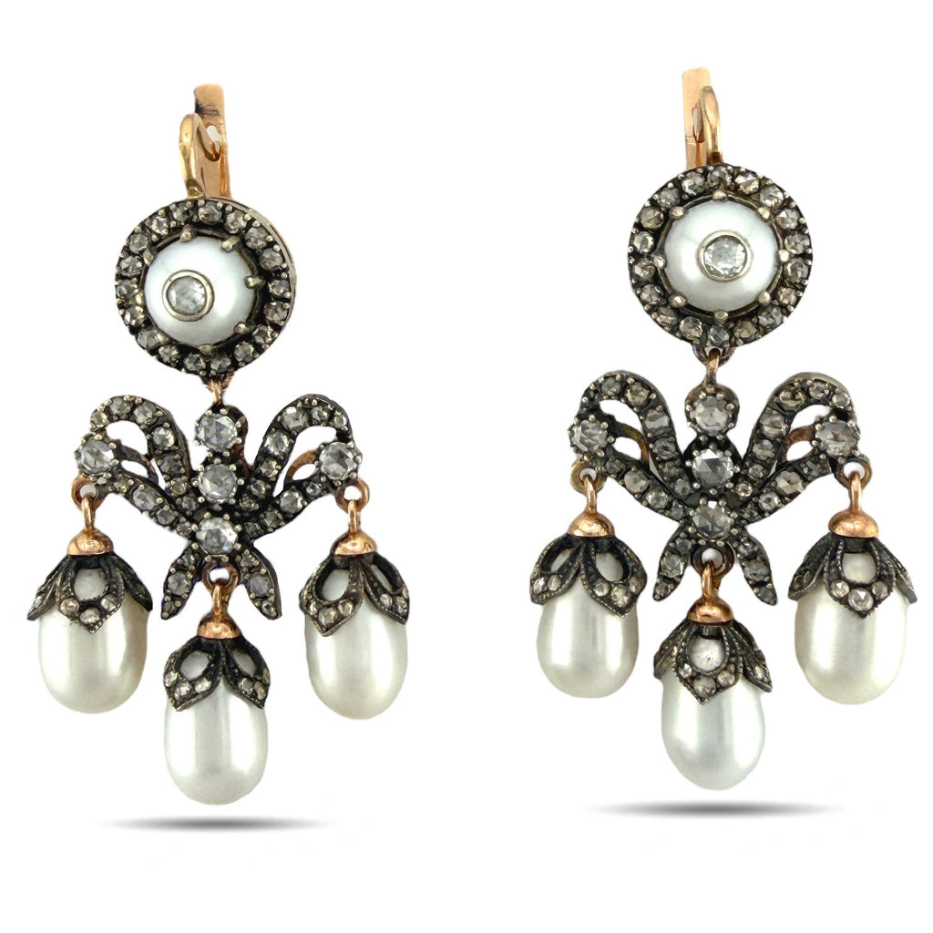 Faberge Imperial Russian Natural Pearl and 2ct Diamond Earrings