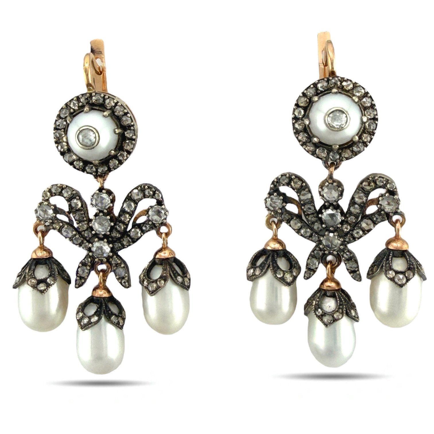 Faberge Imperial Russian Natural Pearl and 2ct Diamond Earrings
