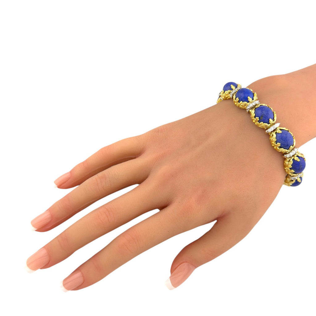 French 18K Yellow Gold Lapis Lazuli and 2.2ct Diamond Bracelet