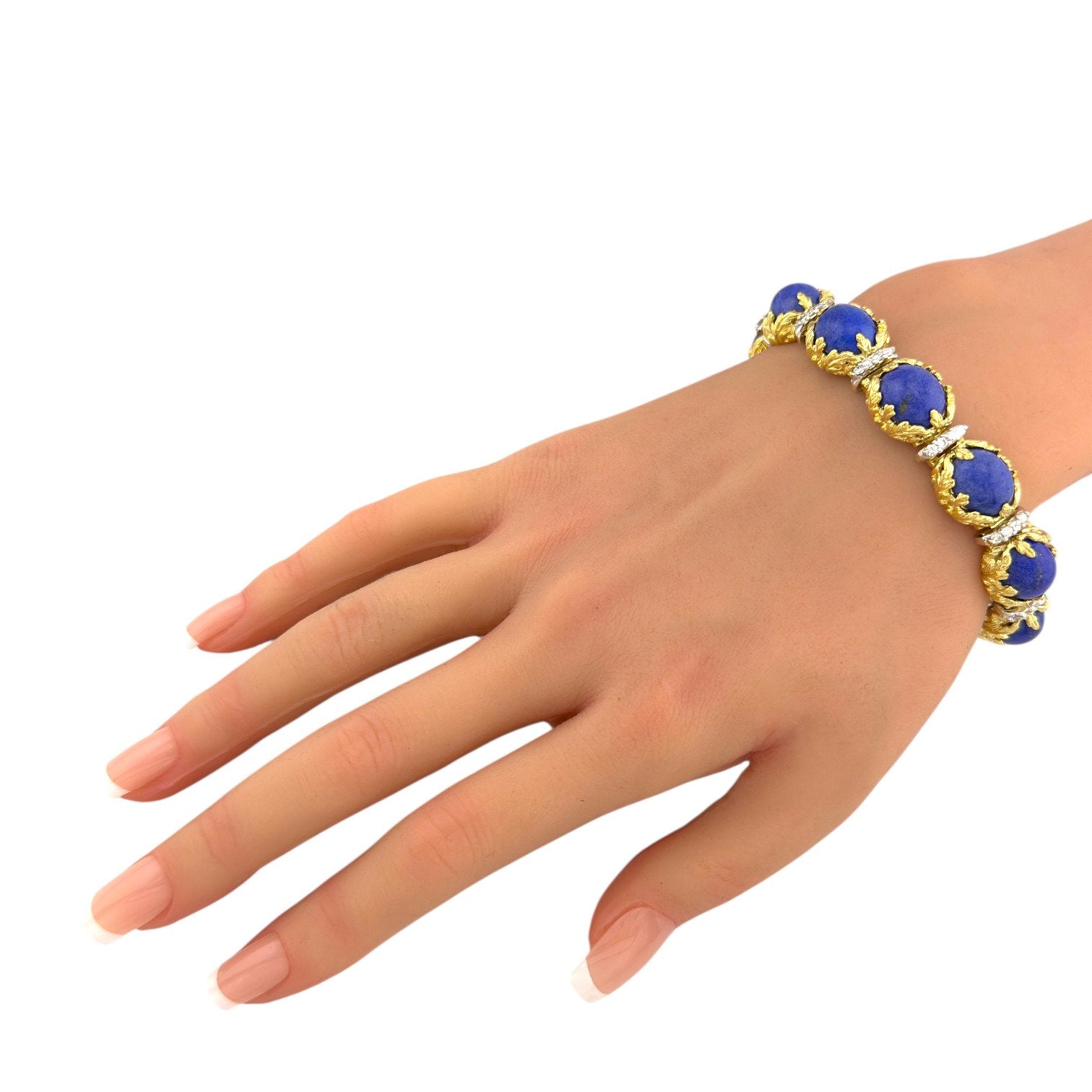 French 18K Yellow Gold Lapis Lazuli and 2.2ct Diamond Bracelet