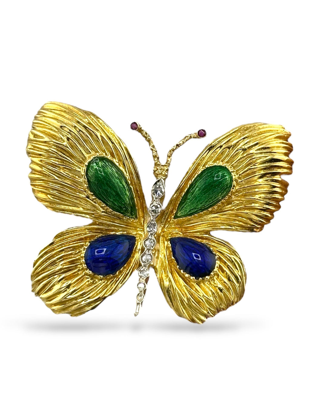 Vintage 18K Yellow Gold Enamel, 0.17ct Diamond and Ruby Butterfly Brooch