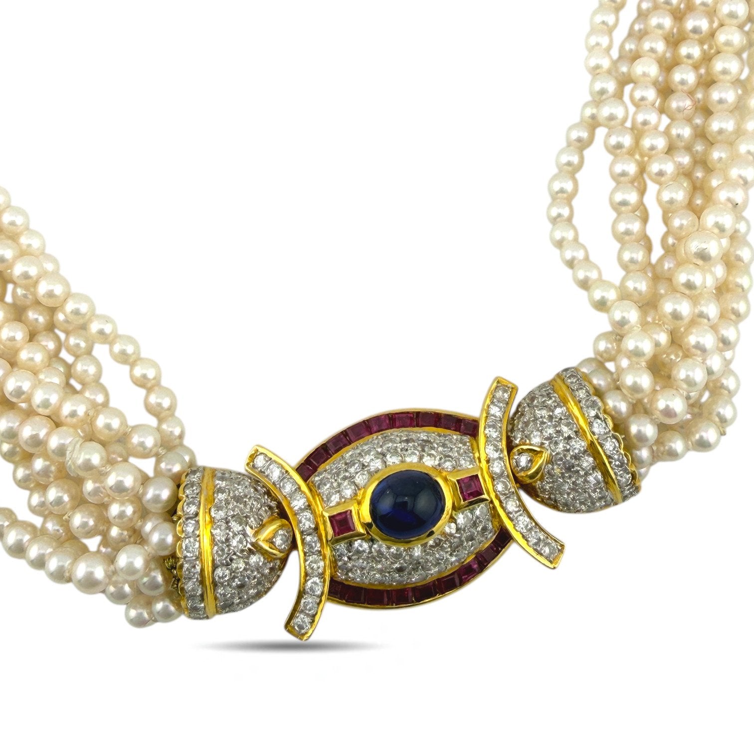 18K Yellow Gold Pearl 9.6ct Diamond, 2.4ct Rubies, and 2.5ct Cabochon Sapphire Necklace