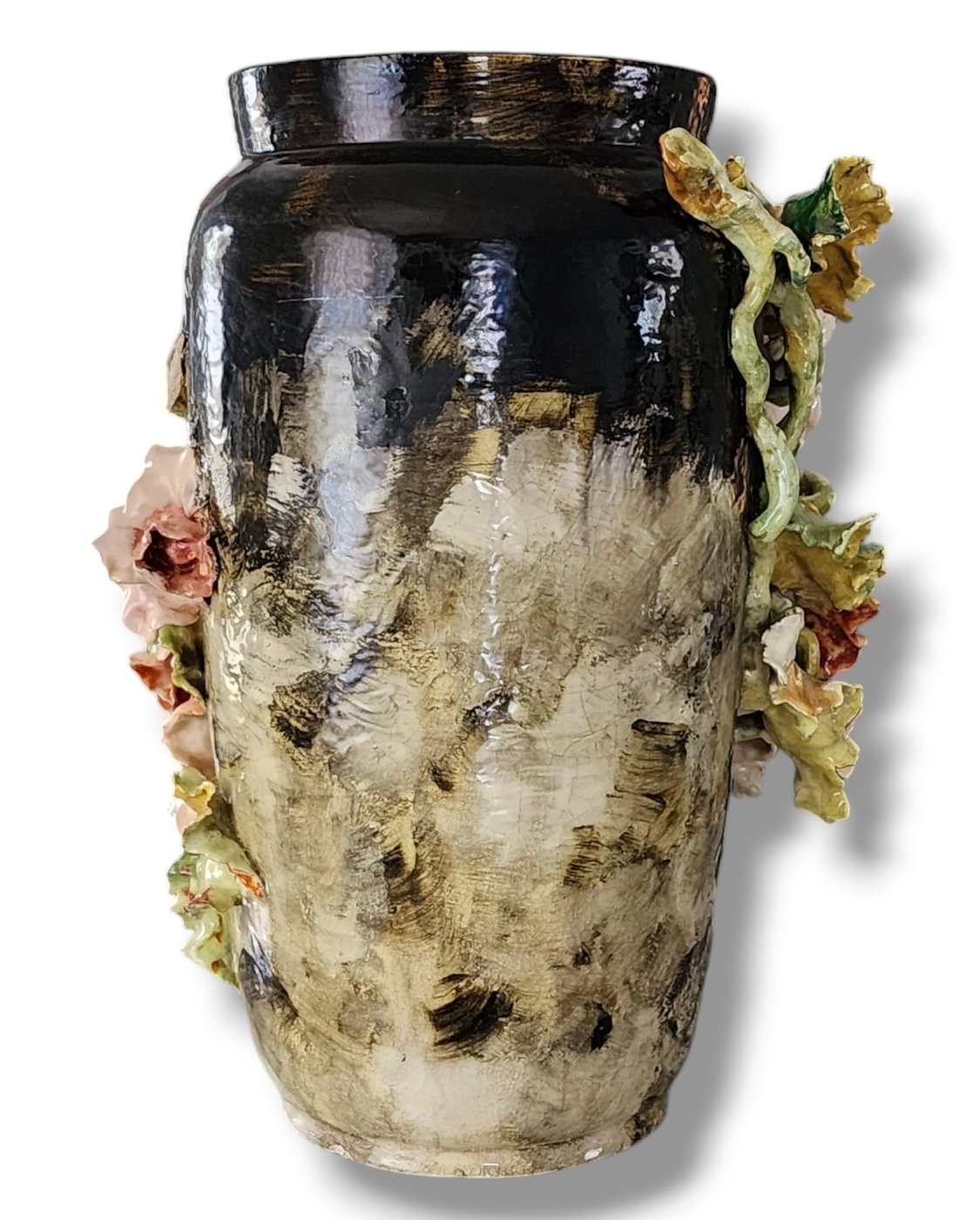 Antique Rare Large French Barbotine Majolica Floral Vase – Circa 1850