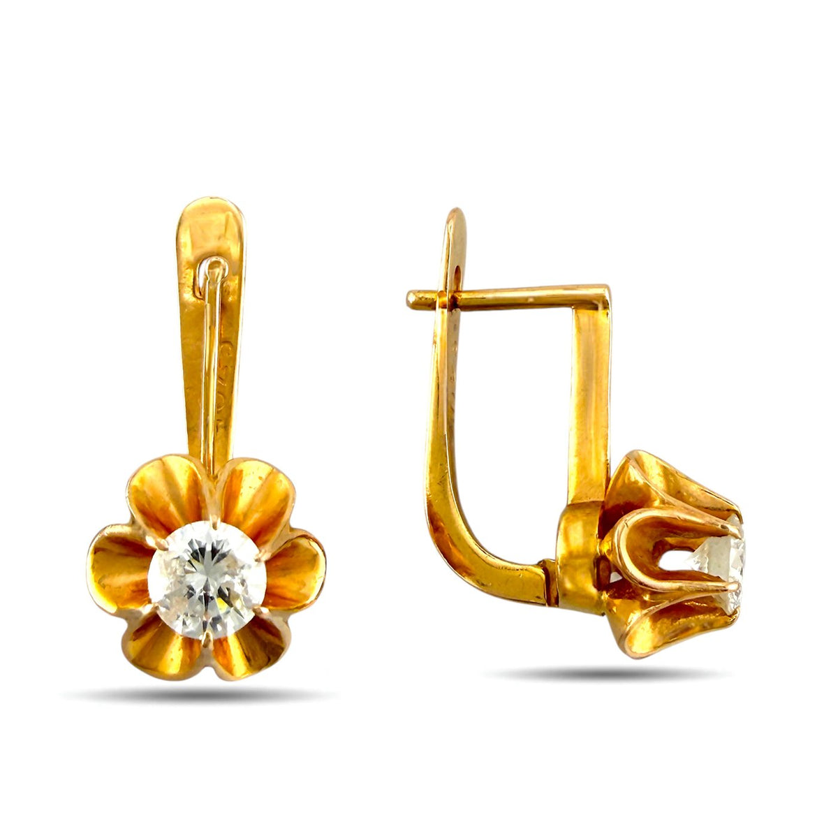 Gold-tone flower clip earrings with a round clear diamond center and clasp