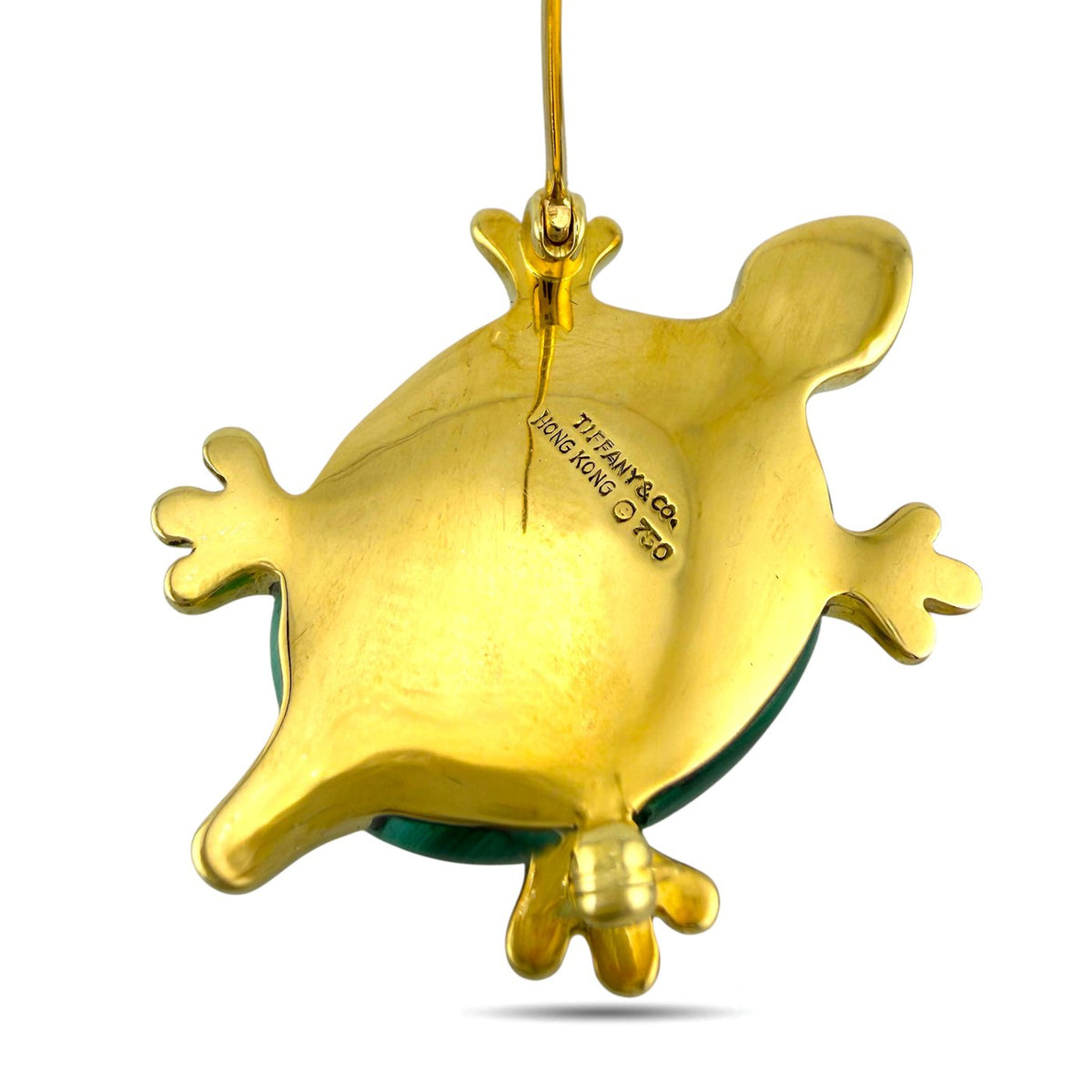 Gold turtle brooch back view with hinge pin and engraved maker marks