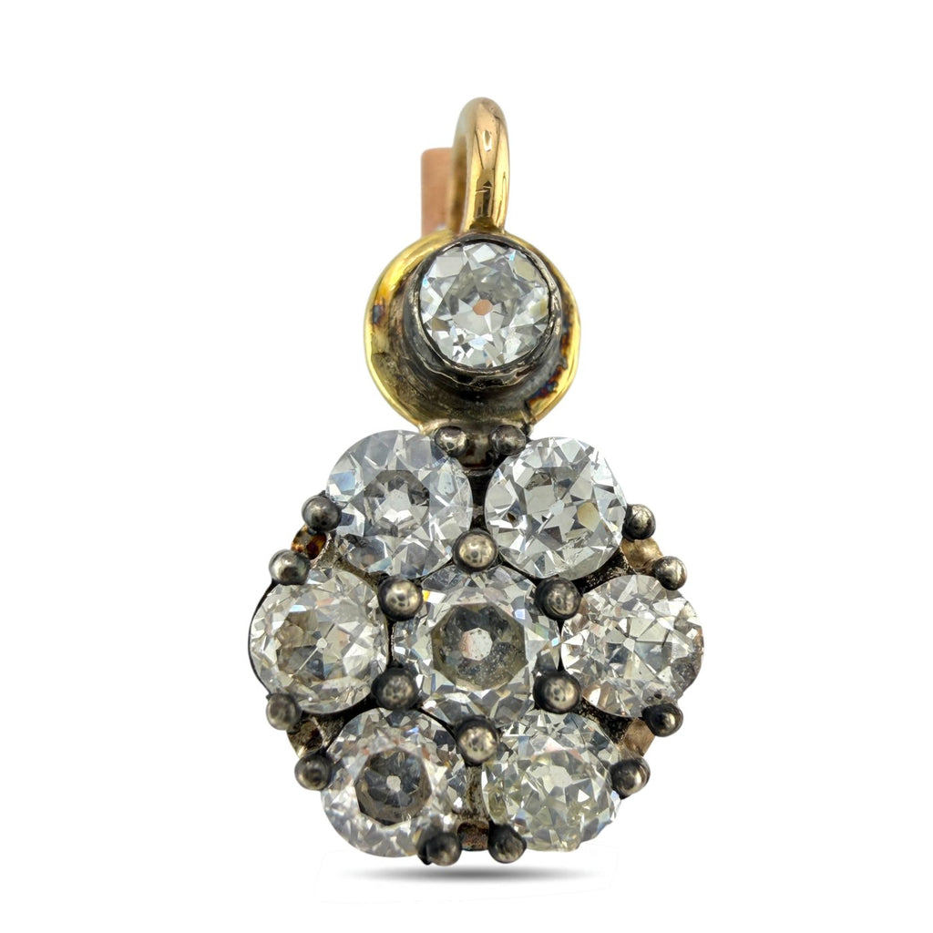 Rose gold diamond cluster drop earring, round stones in blackened settings.