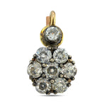 Rose gold diamond cluster drop earring, round stones in blackened settings.