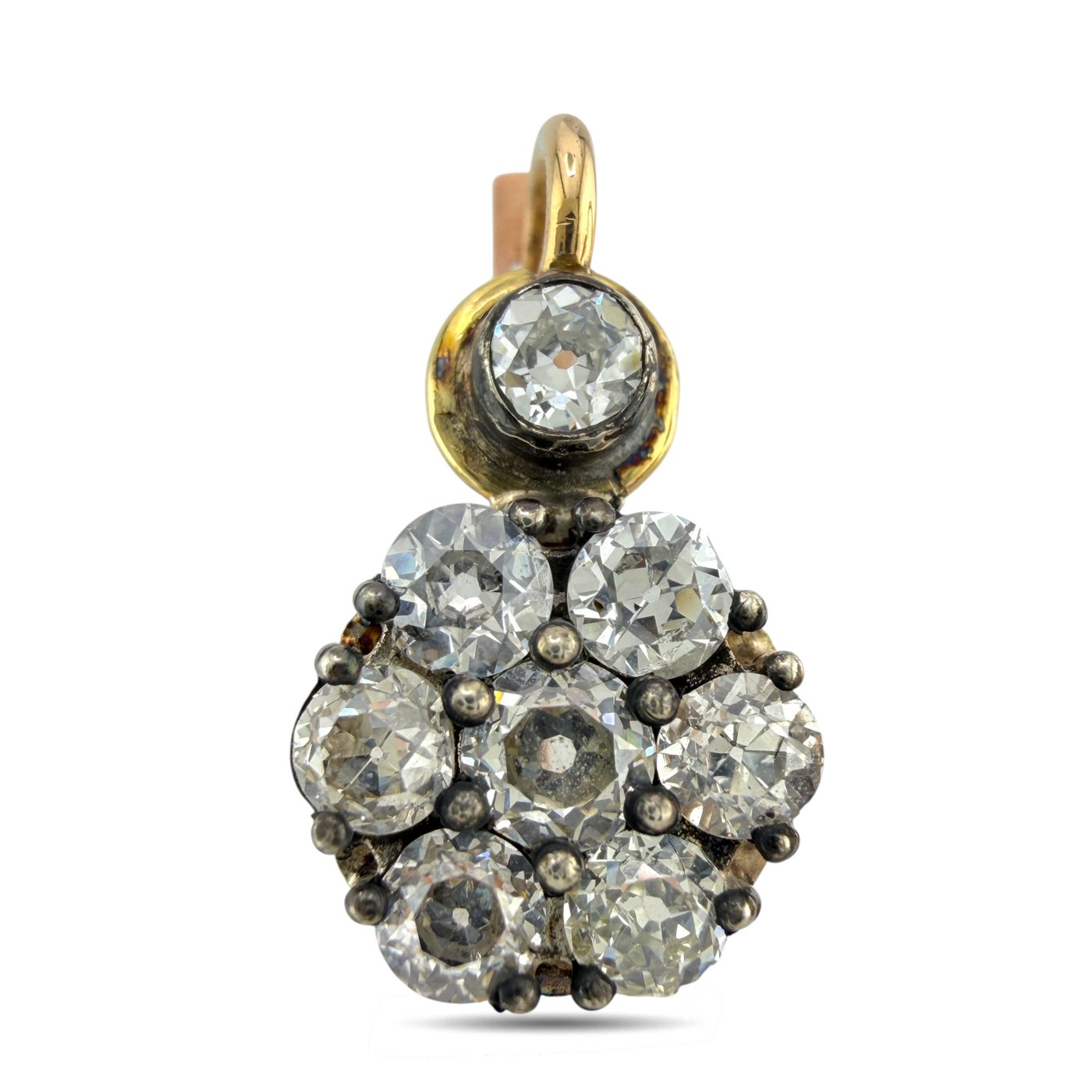 Rose gold diamond cluster drop earring, round stones in blackened settings.