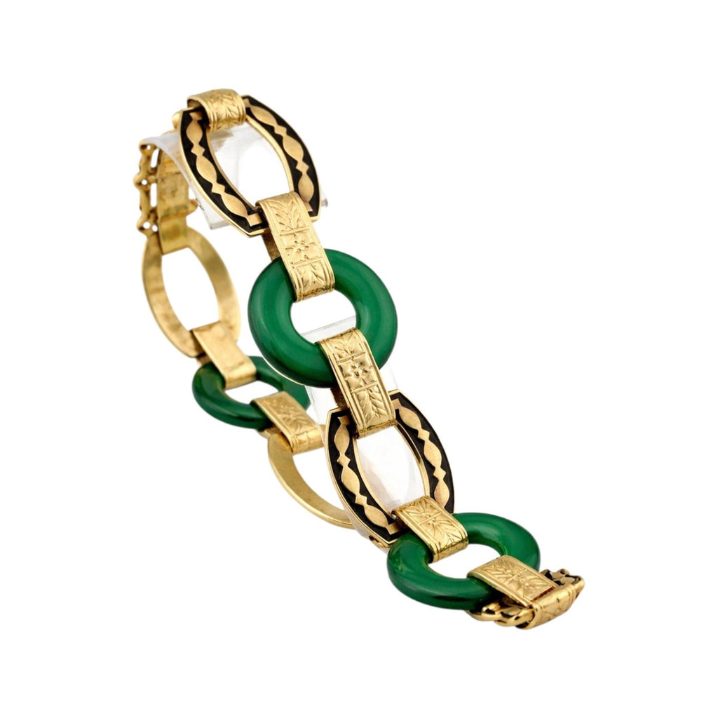 Antique Art Deco Carved Undyed Green Onyx and Black Enamel 14K Gold Bracelet