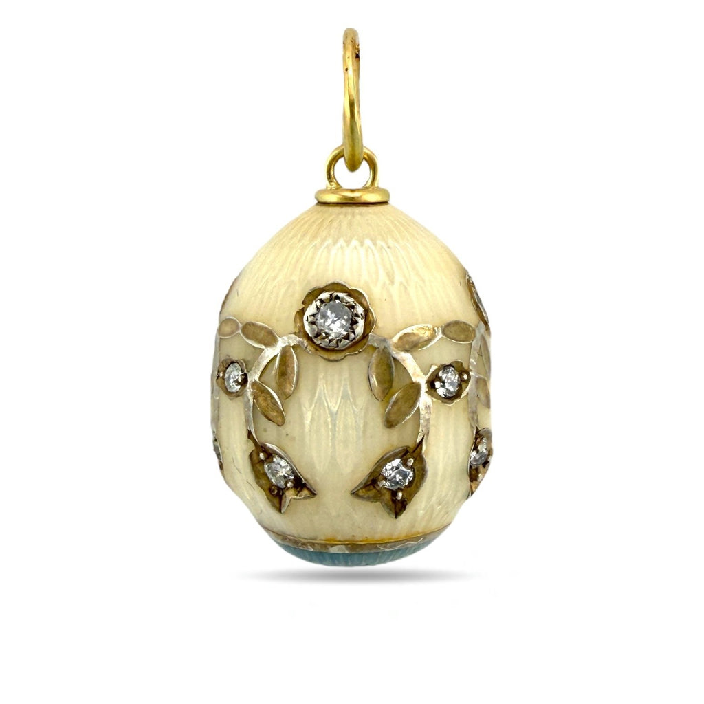 Antique Russian 14K Yellow Gold, Blue and White Enamel 0.3ct Diamond Egg Pendant
