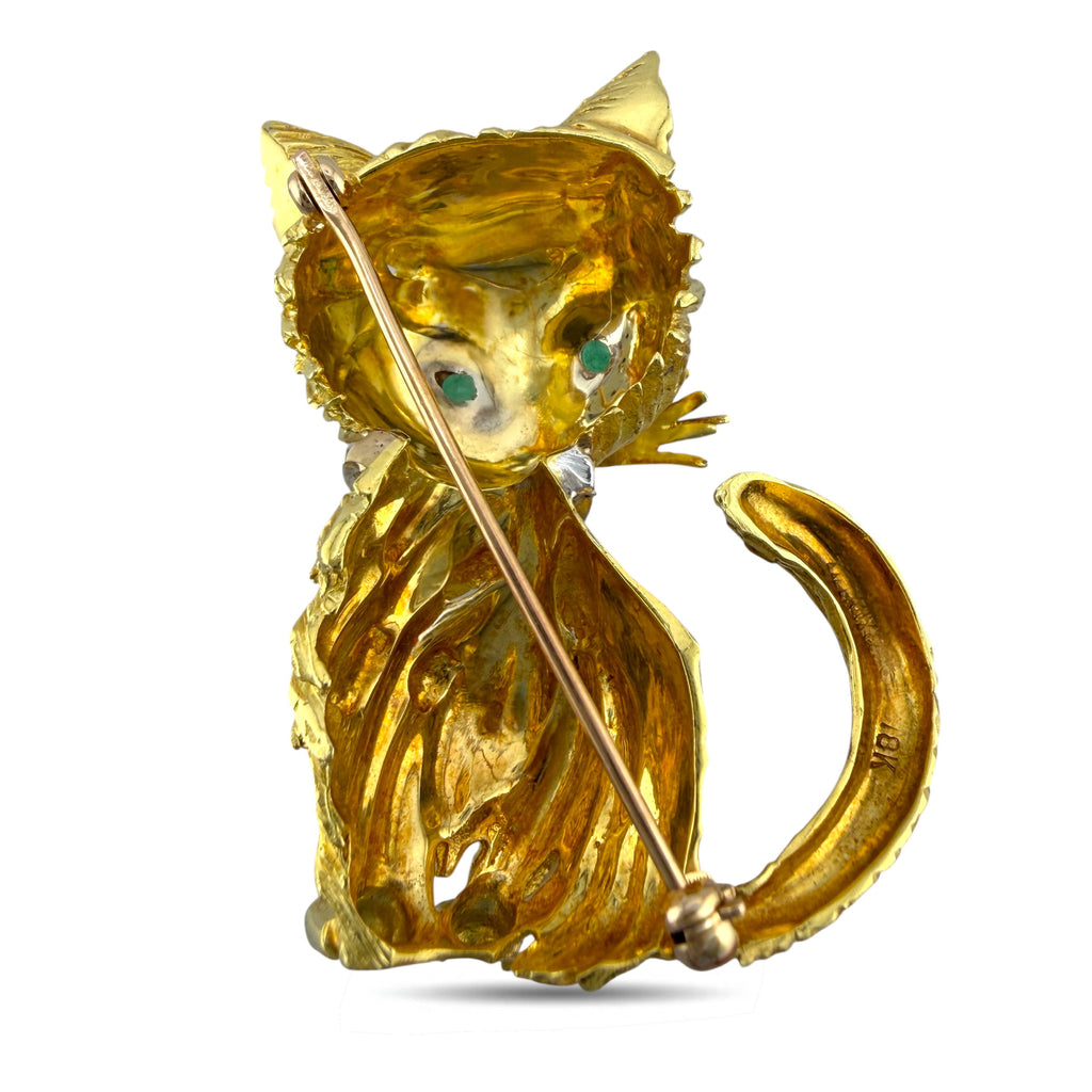18K Yellow Gold Diamond and Emerald Cat Brooch