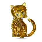 18K Yellow Gold Diamond and Emerald Cat Brooch