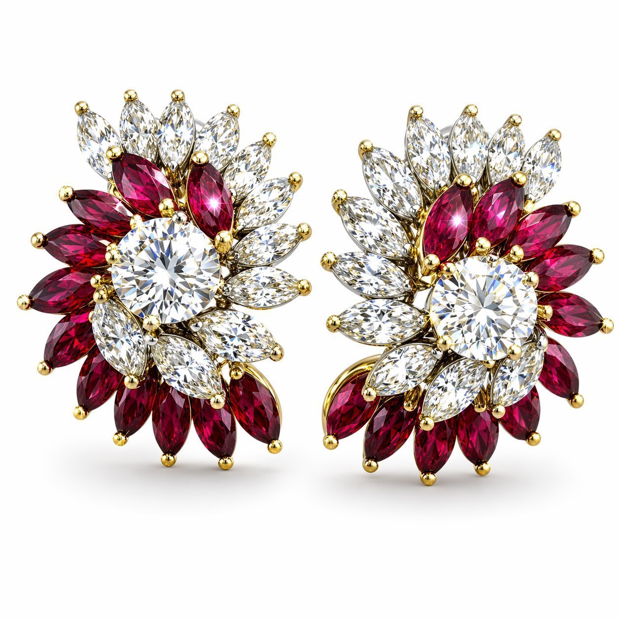 18K White and Yellow Gold 3.2ct Diamond and 1.8ct Ruby Earrings