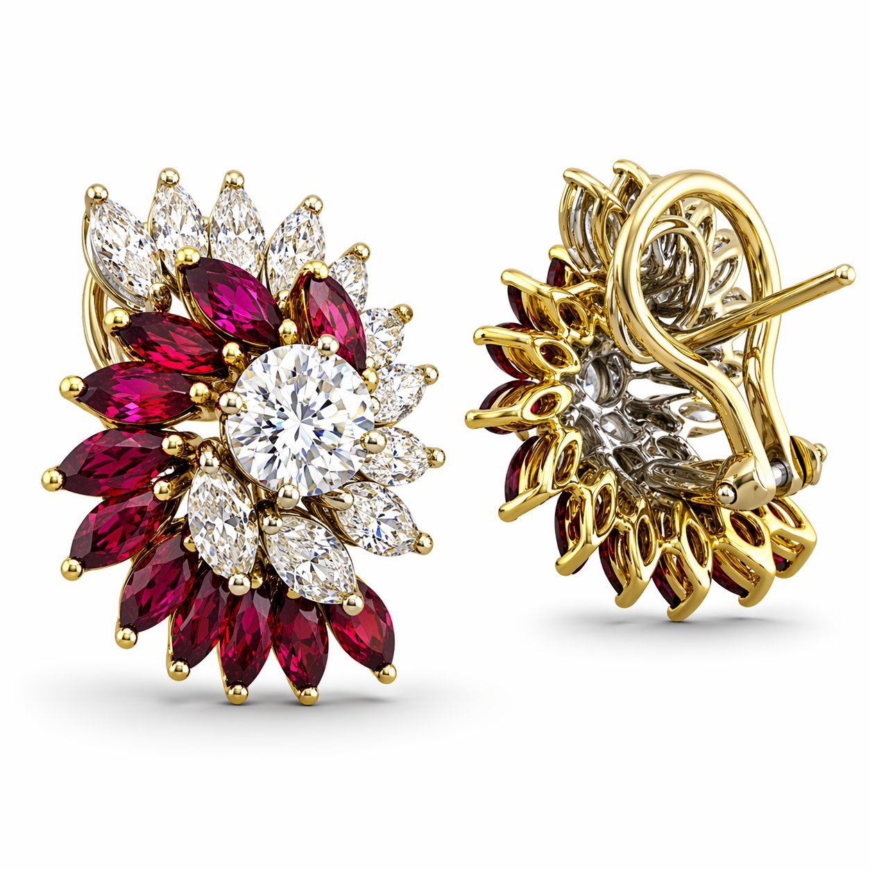 18K White and Yellow Gold 3.2ct Diamond and 1.8ct Ruby Earrings