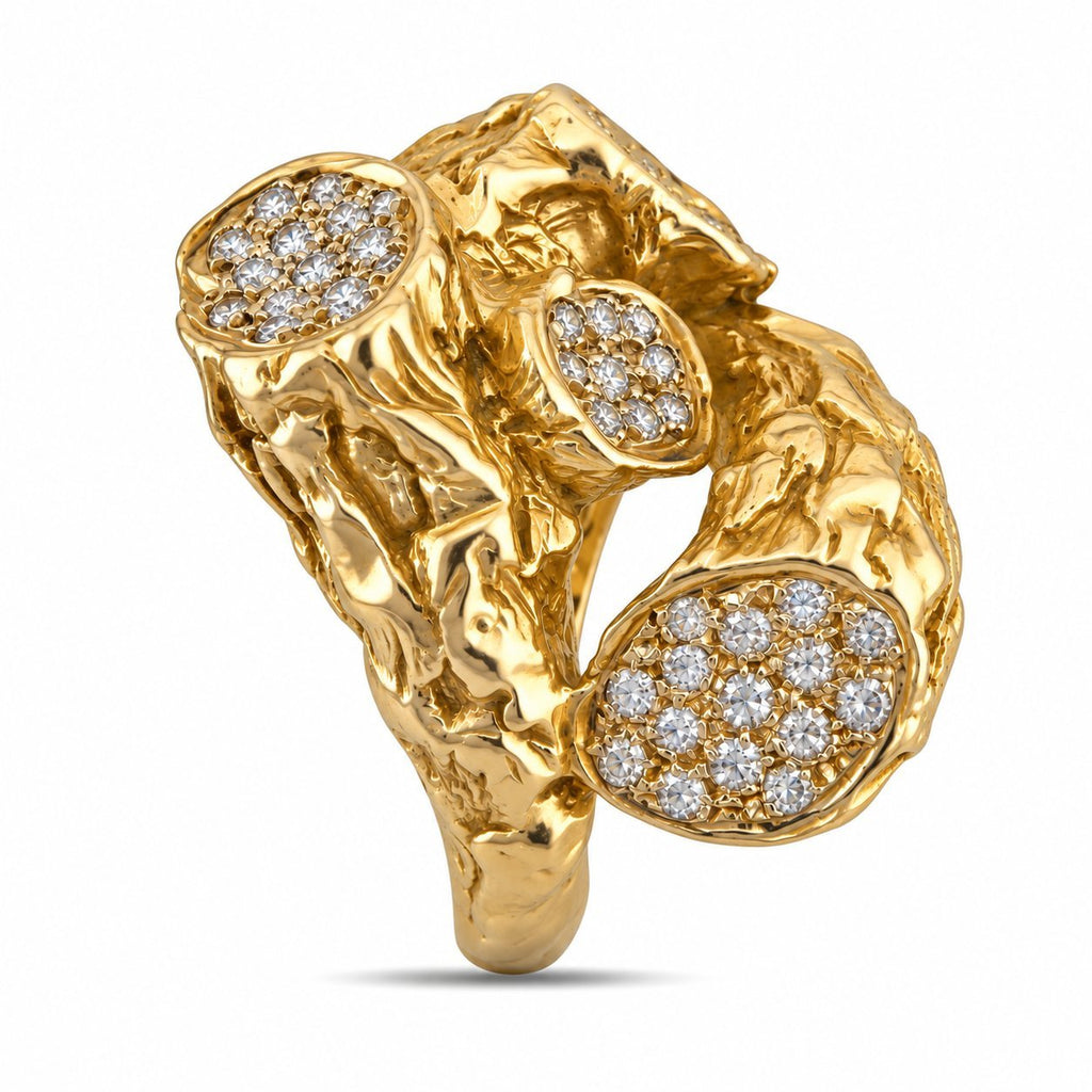 Yellow gold diamond ring shown from another angle, with textured sculptural branches
