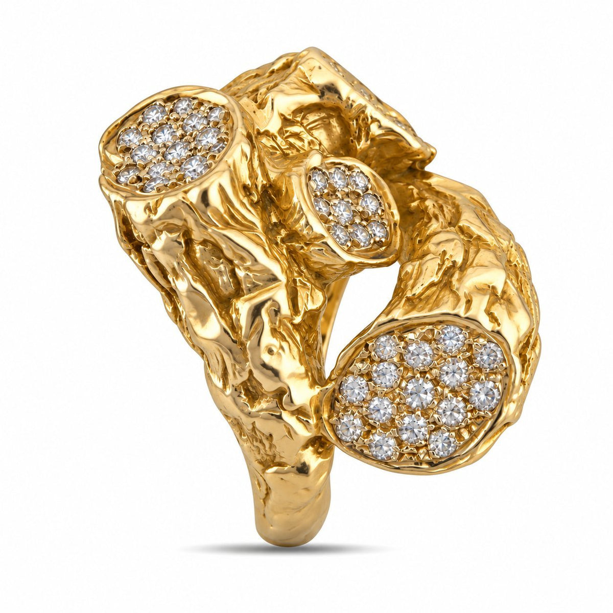 Yellow gold diamond ring shown from another angle, with textured sculptural branches