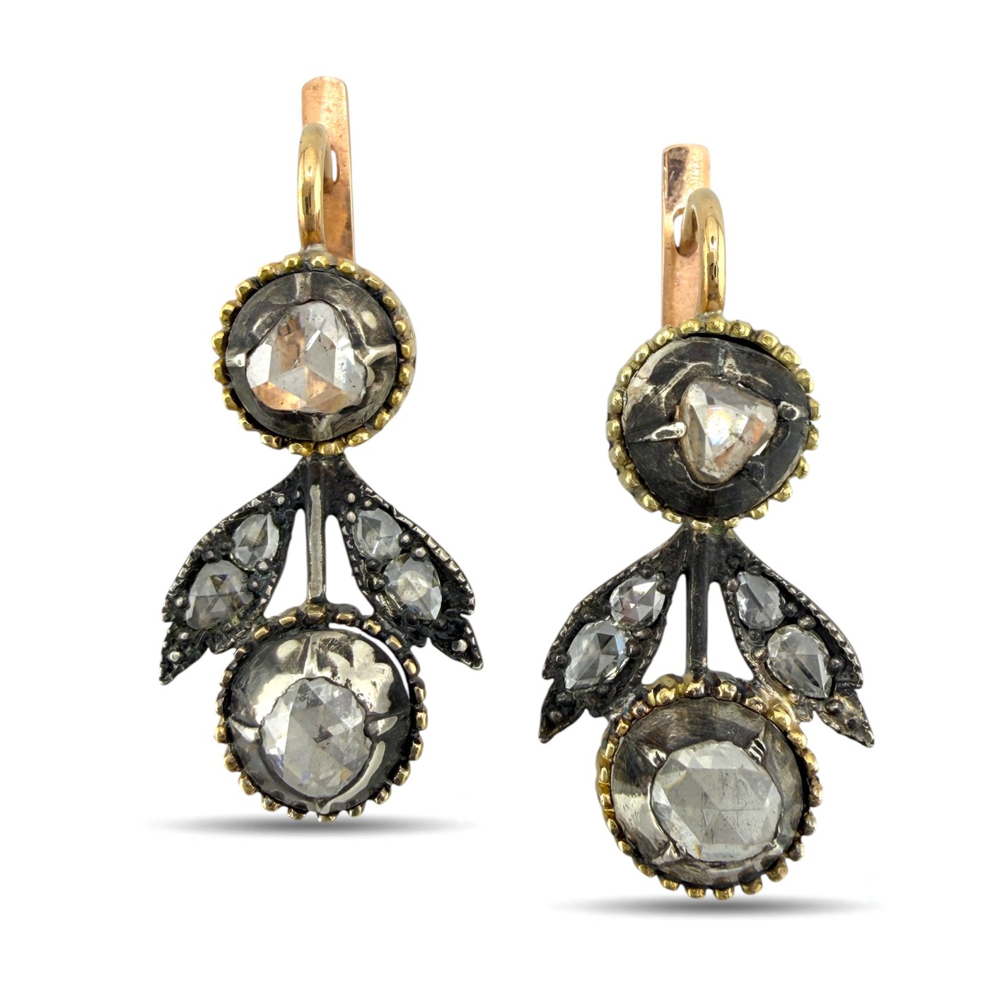 Imperial Russian 56 Rose and Yellow Gold and Old Cut 1.80ct Diamond Earrings