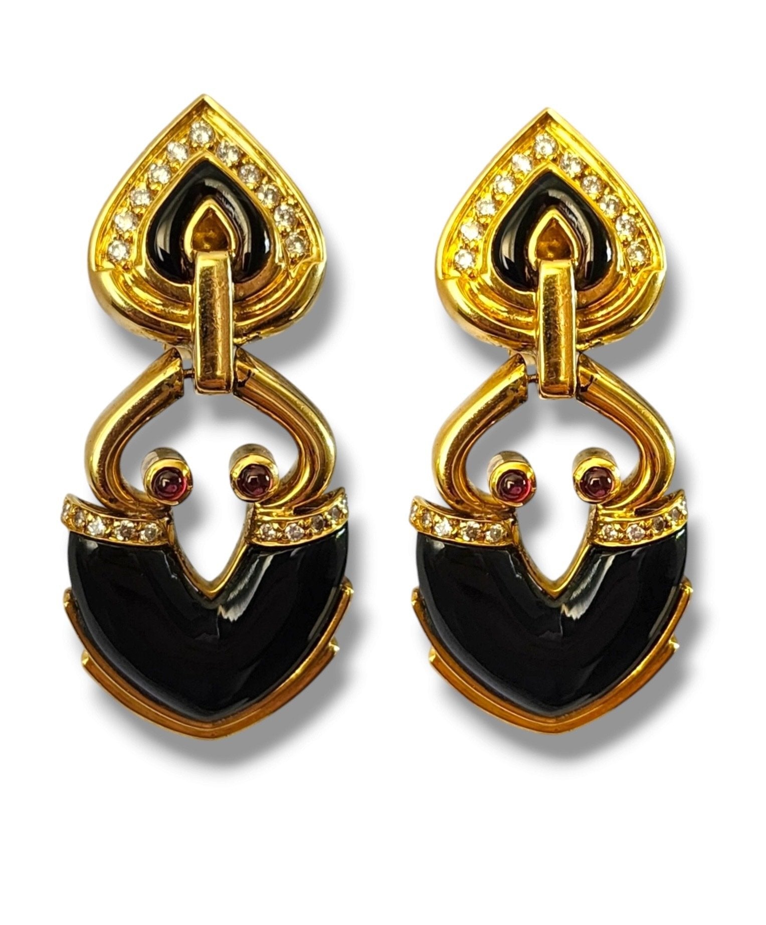 18 kt. Yellow gold, Spade Design 18K Gold Earring decorated with Diamonds and  Rubies -  0.63ct. tw.