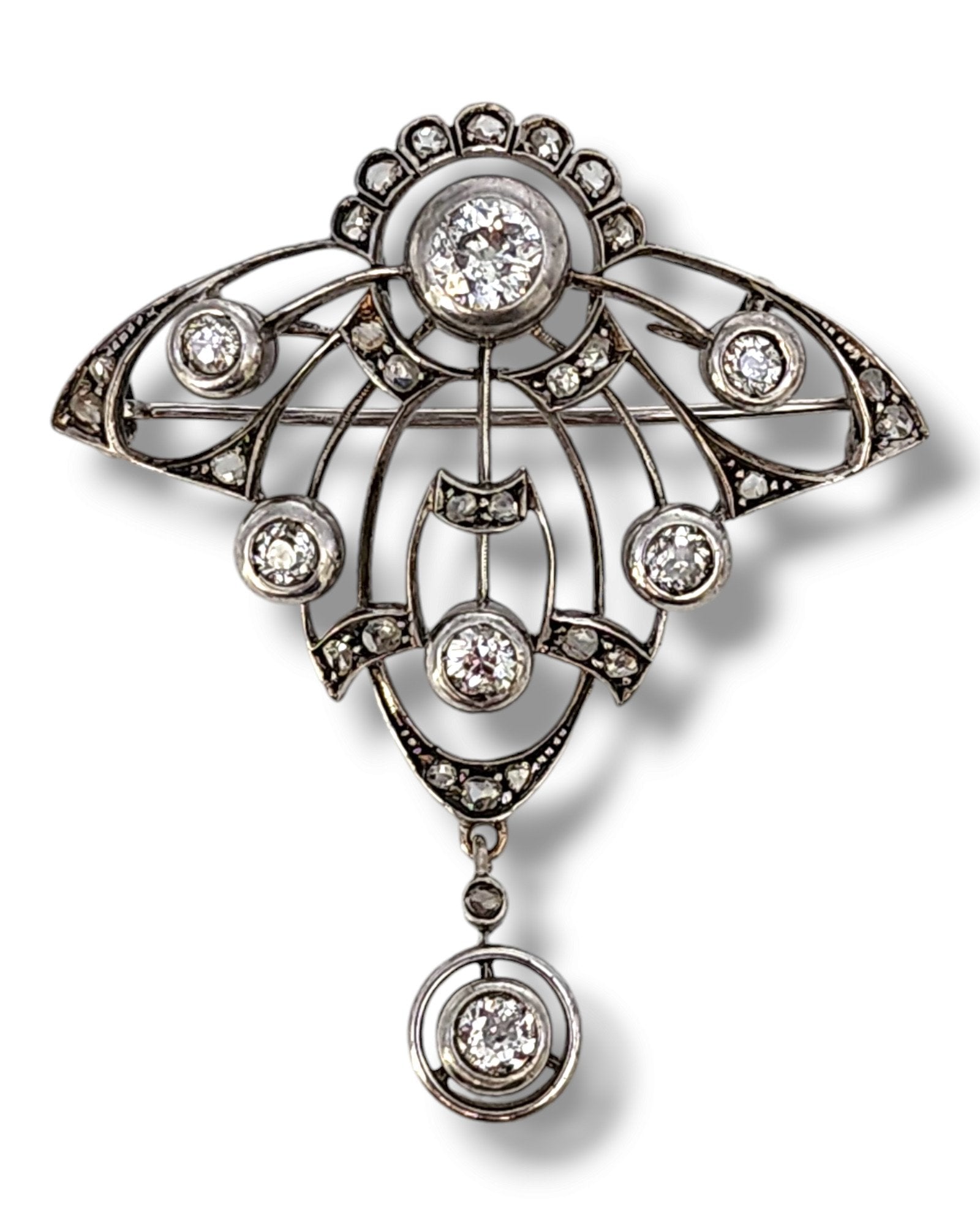 14 kt. White gold,  19th Century Antique Gold and Diamonds Women's Brooch, 2.56 Ct -  2.56ct. tw. Diamond