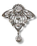 Antique diamond and gold filigree brooch with dangling round gemstone drop