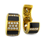 18K Yellow Gold 0.76ct Diamond and Black Enamel Hinged Huggy Earrings