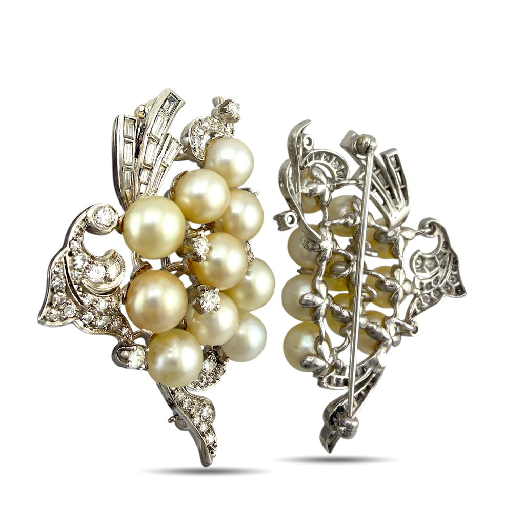 Pair of Platinum Pearl and 3.36ct Diamond Inverse Design Brooches