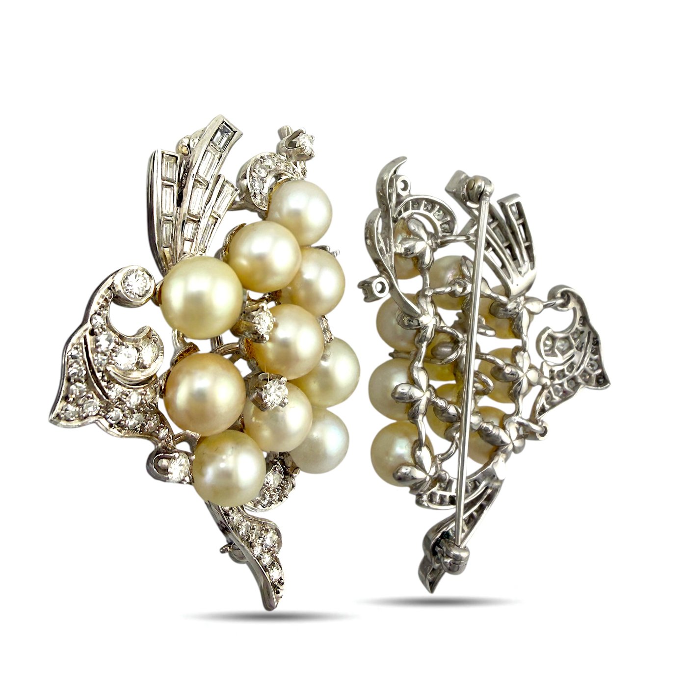 Pair of Platinum Pearl and 3.36ct Diamond Inverse Design Brooches