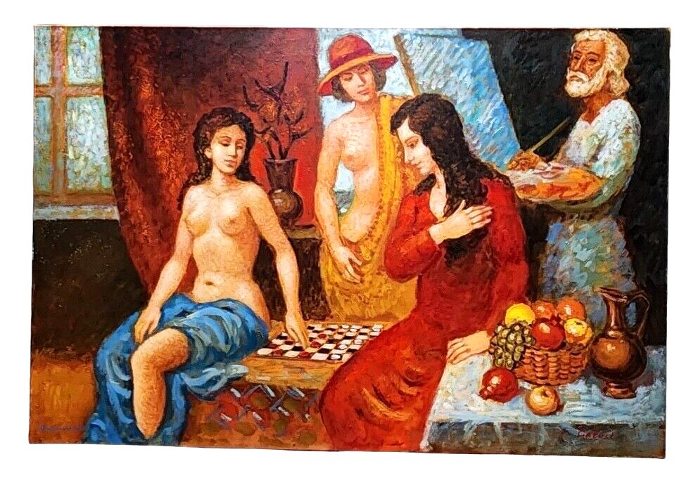 Galust Darbinyan Original Oil Painting Playing Checkers