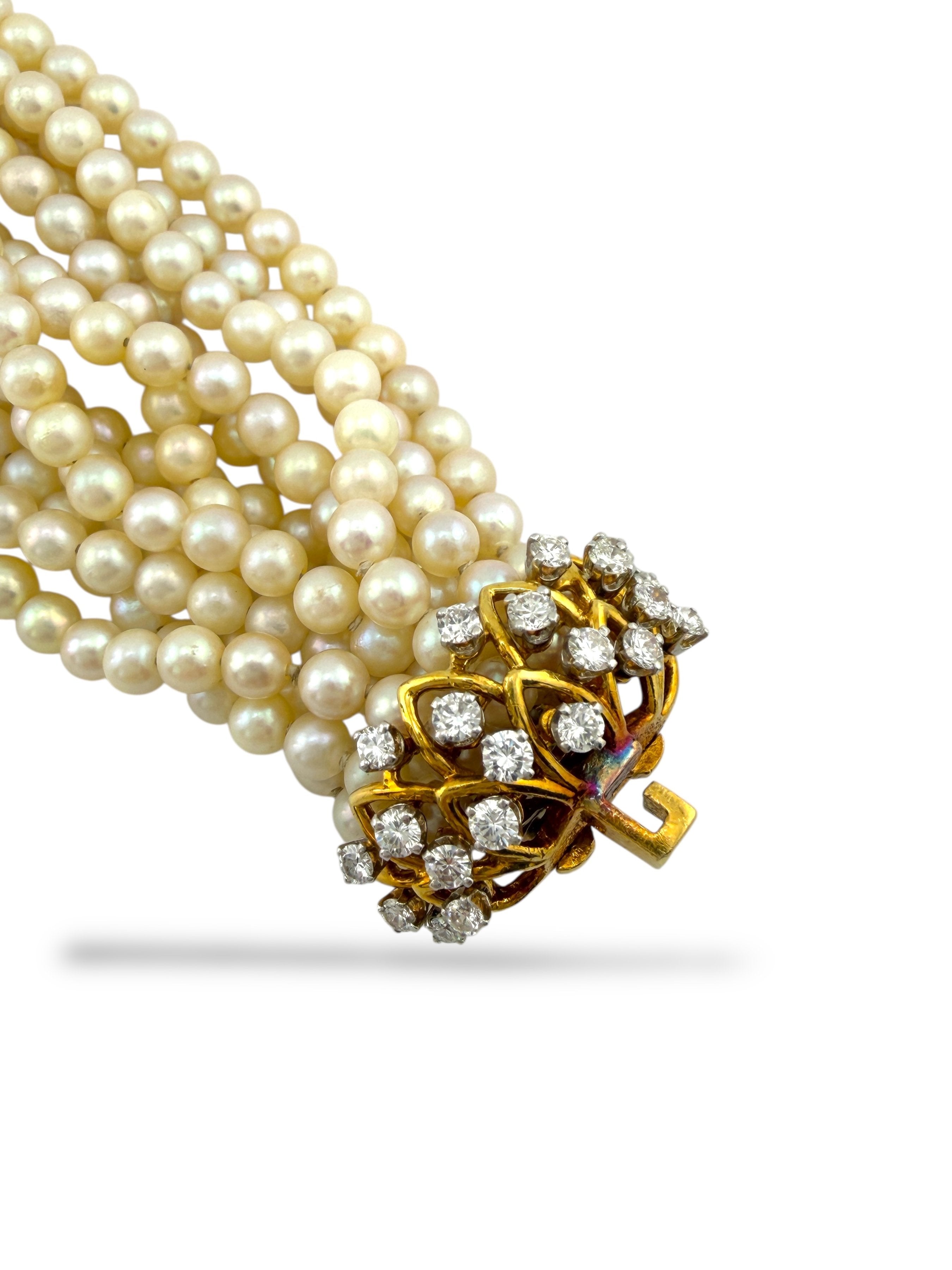18 kt. Antique 18K Yellow Gold Multi-Strand Pearl and 4.30ct Diamond Bracelet, Yellow gold -  4.30ct. tw. Diamond (Natural)  - Pearl