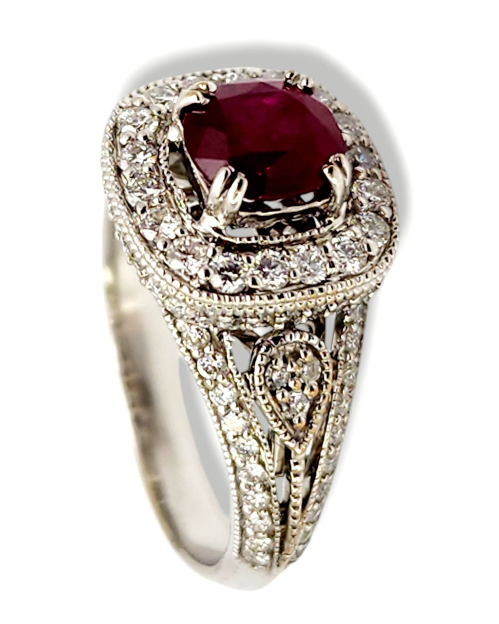 Ring - 18 kt. White gold, 18K Gold, Diamond & Deep Dark Red 1.0CT Ruby Art Deco Ring - 1.60ct. tw. Ruby - Diamond