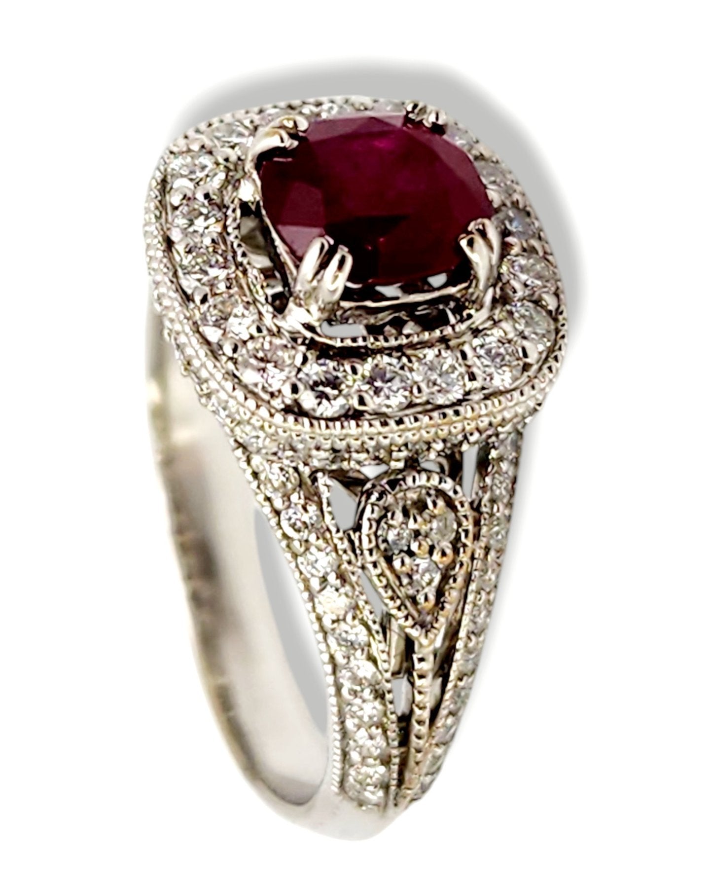 Ring - 18 kt. White gold, 18K Gold, Diamond & Deep Dark Red 1.0CT Ruby Art Deco Ring - 1.60ct. tw. Ruby - Diamond