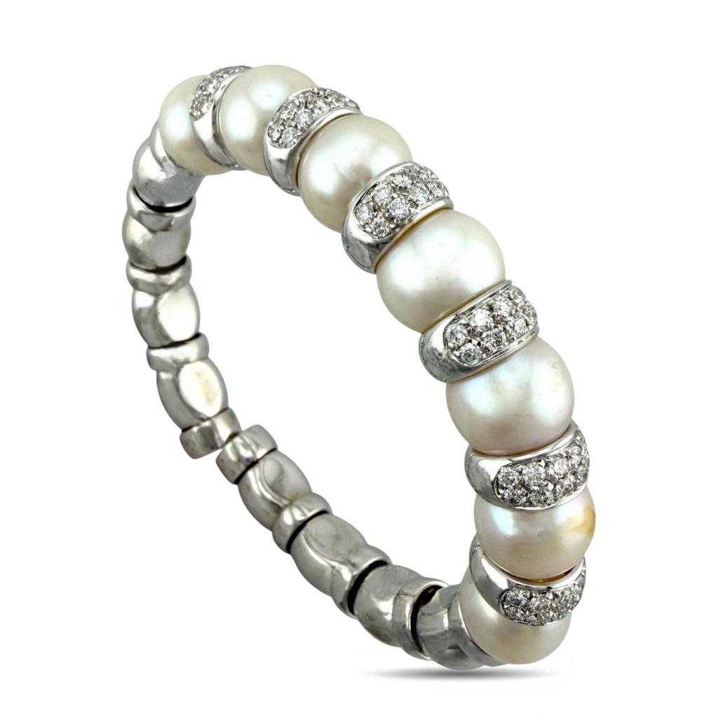 18K White Gold Italian 1.8ct Diamond and Natural Pearl Bracelet
