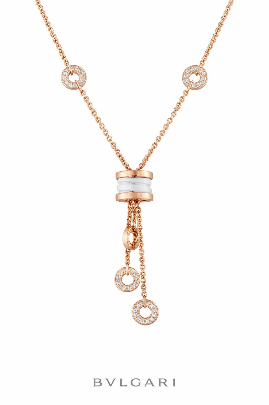 Bvlgari B.zero1 18K Rose Gold Diamond and White Ceramic Tassel Lavalier Necklace