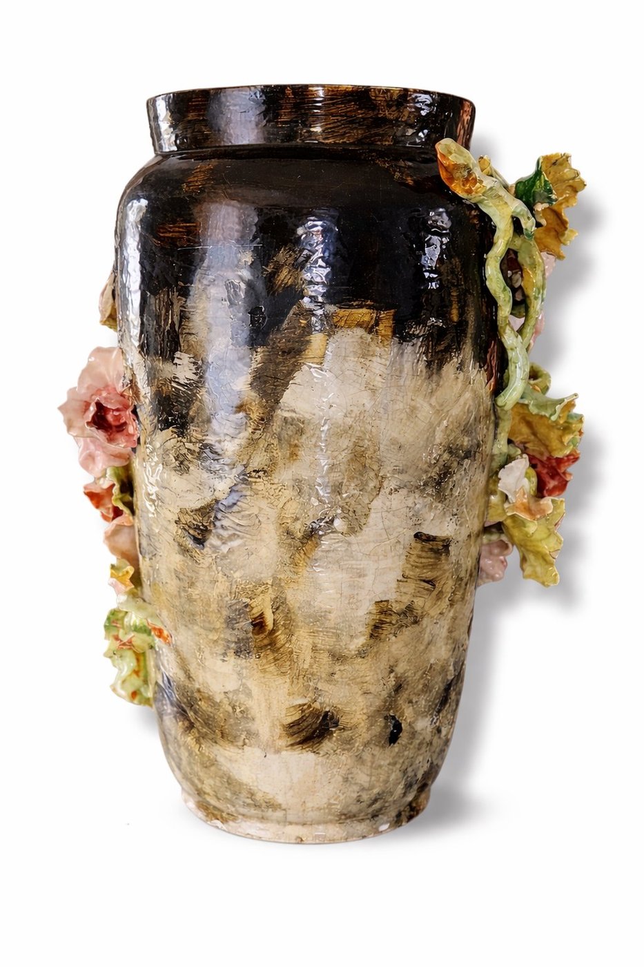 Antique Rare Large French Barbotine Majolica Floral Vase – Circa 1850