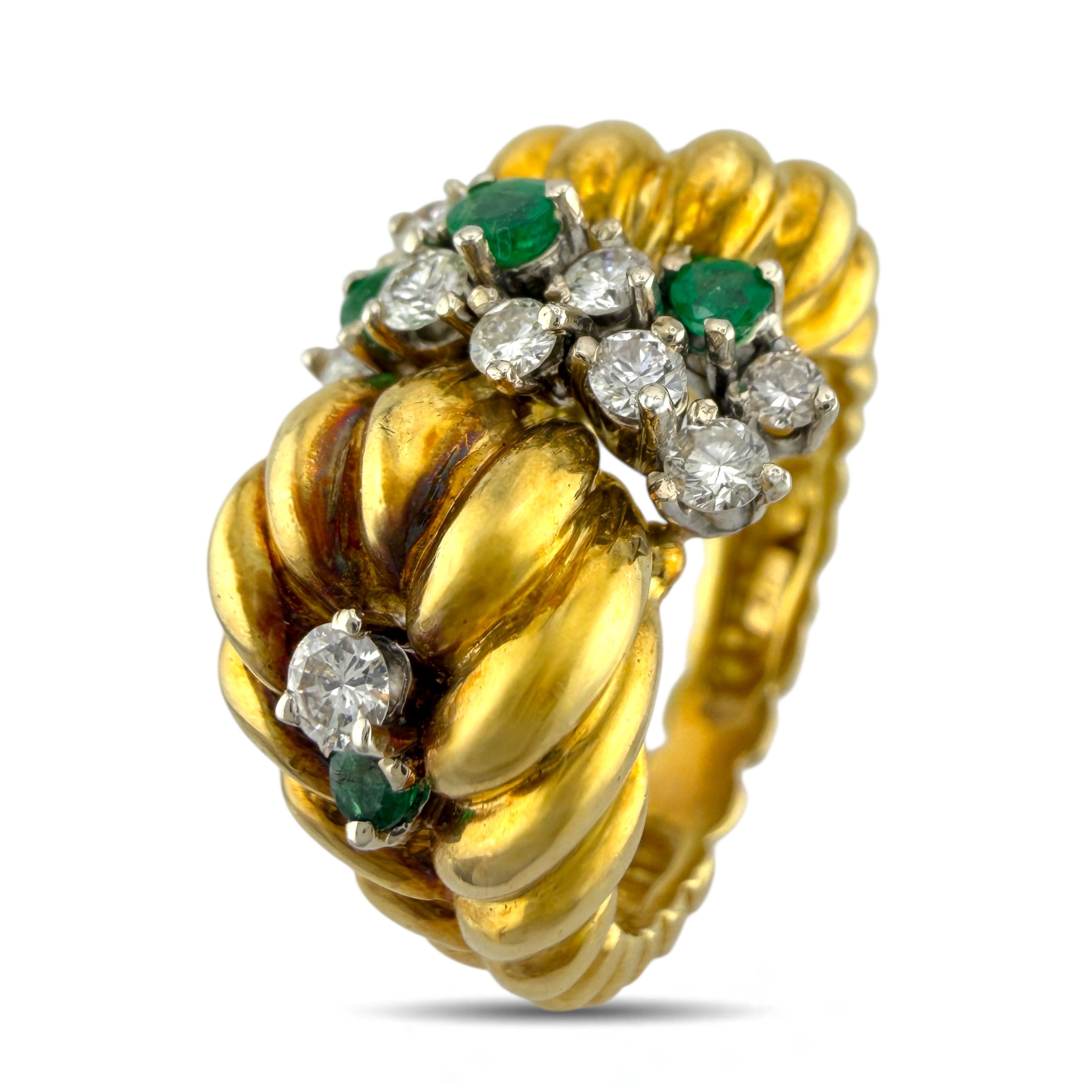 18K Yellow Gold 0.48ct Diamond and Emerald Cocktail Ring