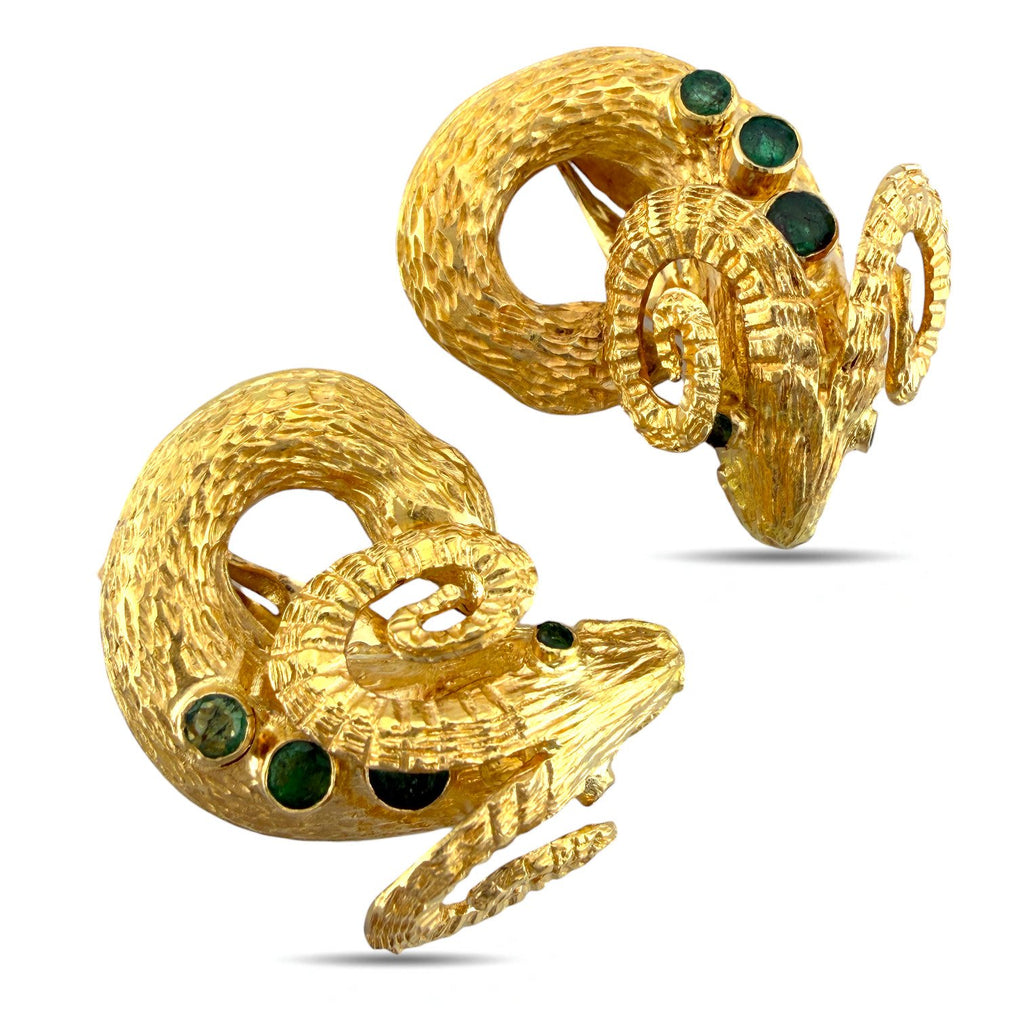 18K Yellow Gold Emerald Ram Clip-On Earrings