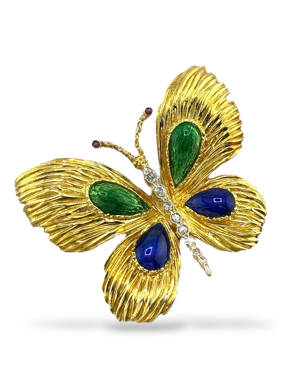 Vintage 18K Yellow Gold Enamel, 0.17ct Diamond and Ruby Butterfly Brooch