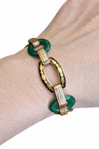 Antique Art Deco Carved Undyed Green Onyx and Black Enamel 14K Gold Bracelet