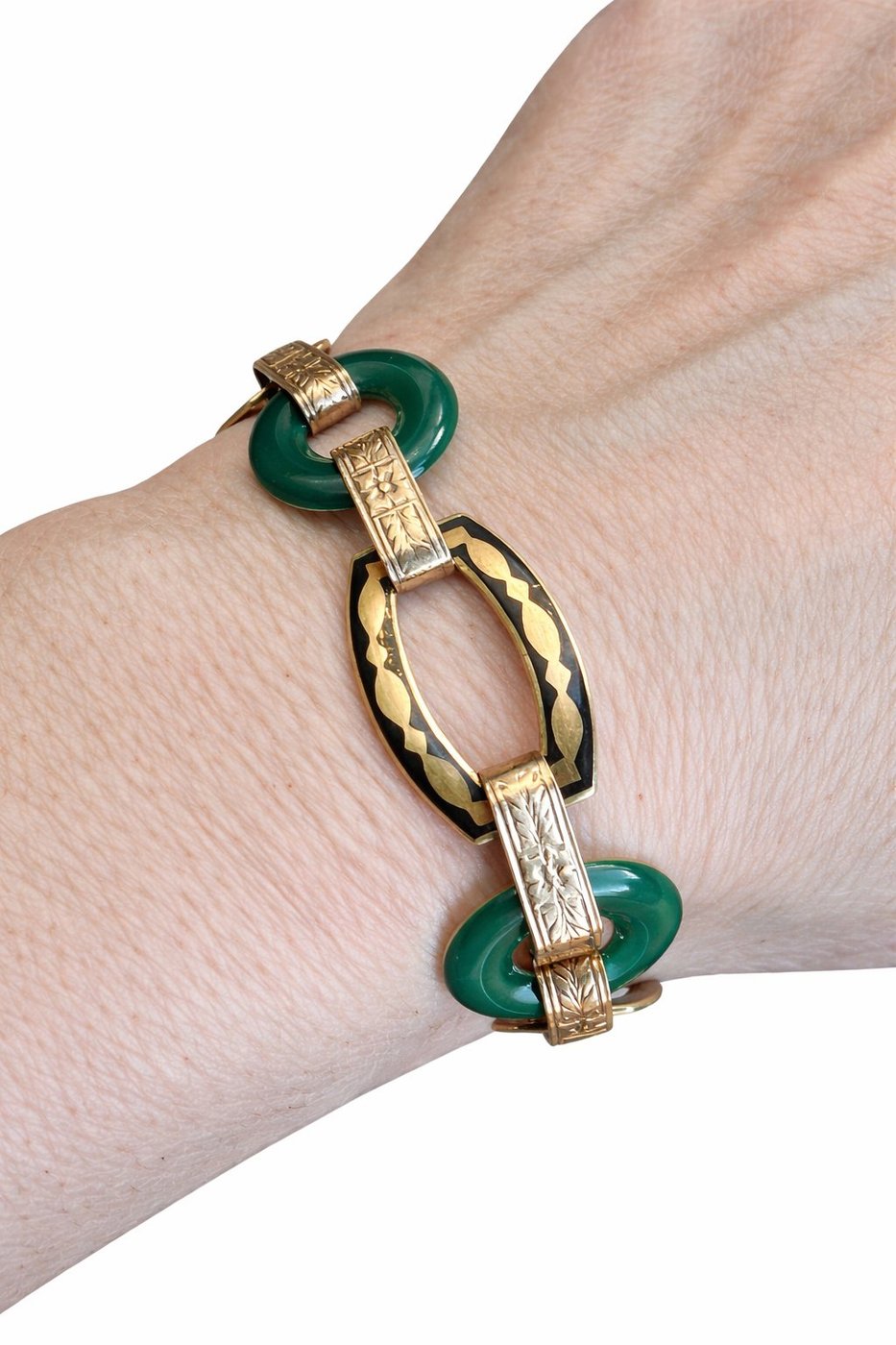 Antique Art Deco Carved Undyed Green Onyx and Black Enamel 14K Gold Bracelet