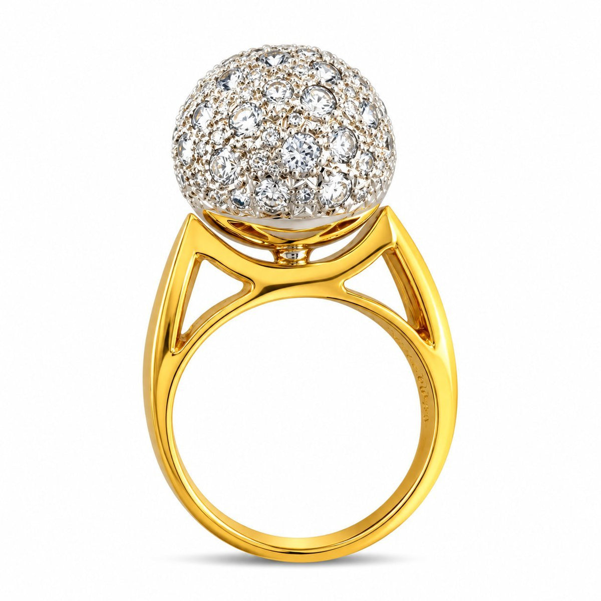 Yellow gold ring viewed from the back, with open shoulders beneath a diamond dome