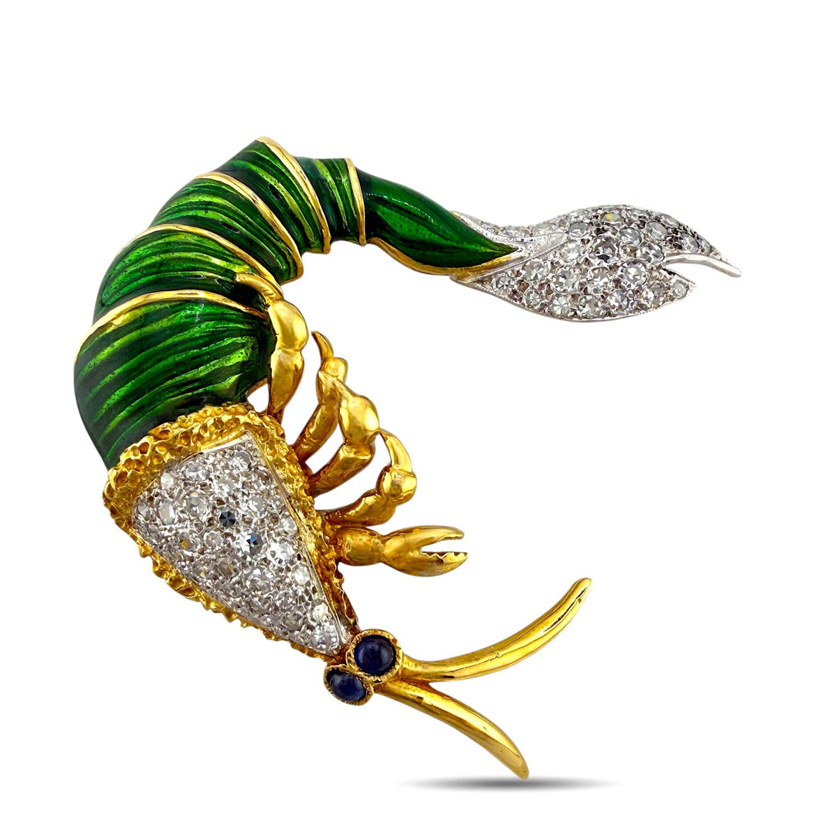 18K yellow gold brooch with green enamel, diamond and sapphire krill design