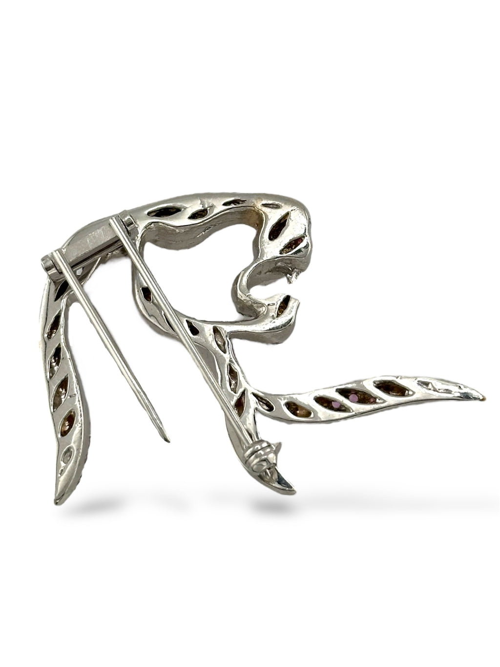 14K White Gold Panther Brooch with Pink Sapphires, Diamonds and Emerald Eye