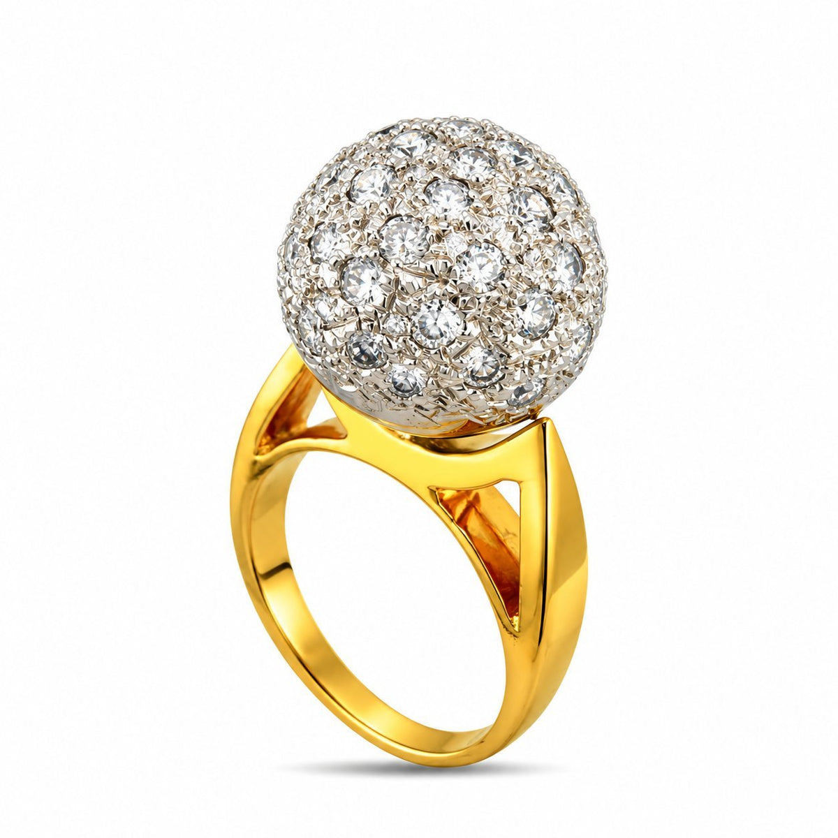 14K yellow gold ring with a suspended diamond-set dome and openwork shoulders