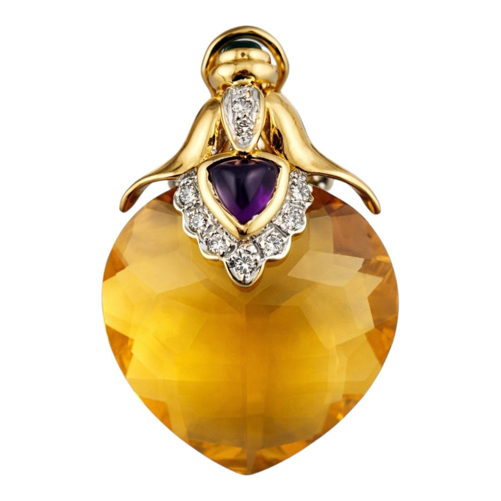 18K Yellow Gold 45ct Citrine, 0.2ct Diamond, Emerald, Amethyst Earrings
