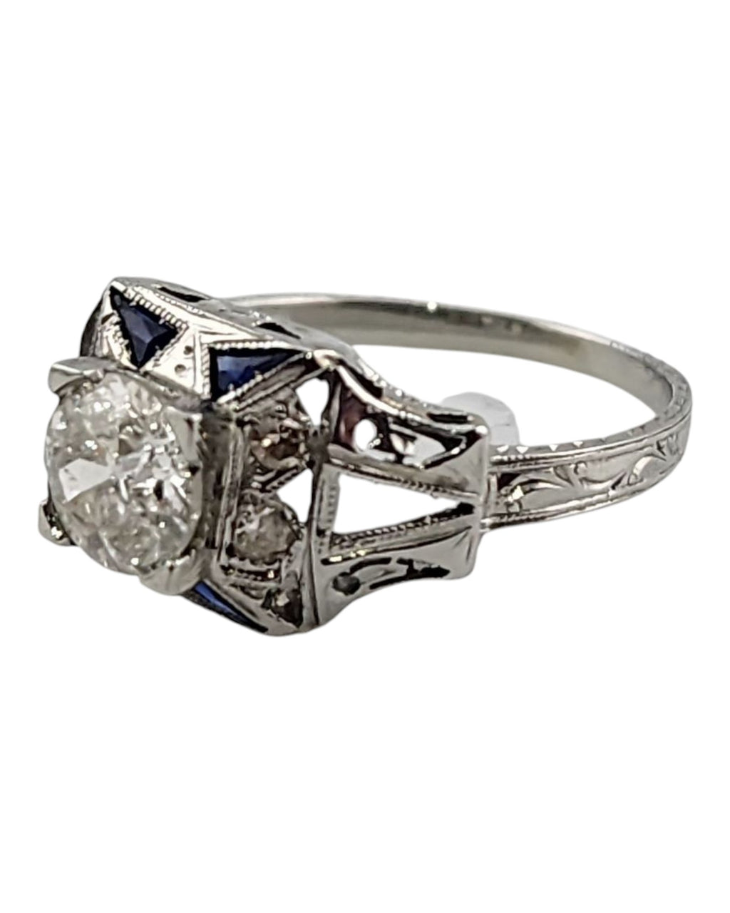 Art Deco 18K White Gold Ring with Large Center Diamond 1ct