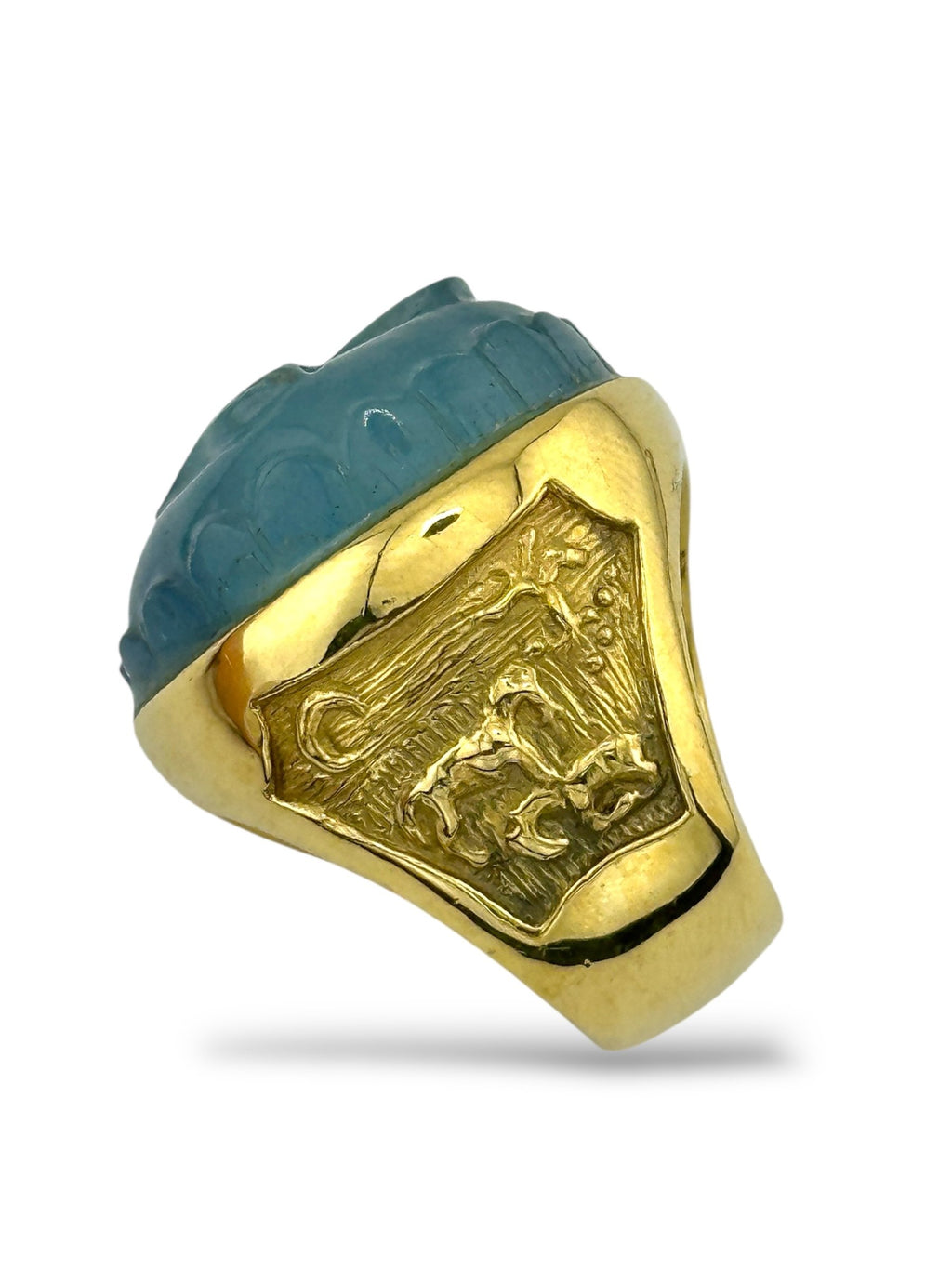 18K Gold Ring with Large Light Blue Horse Engraved Aquamarine