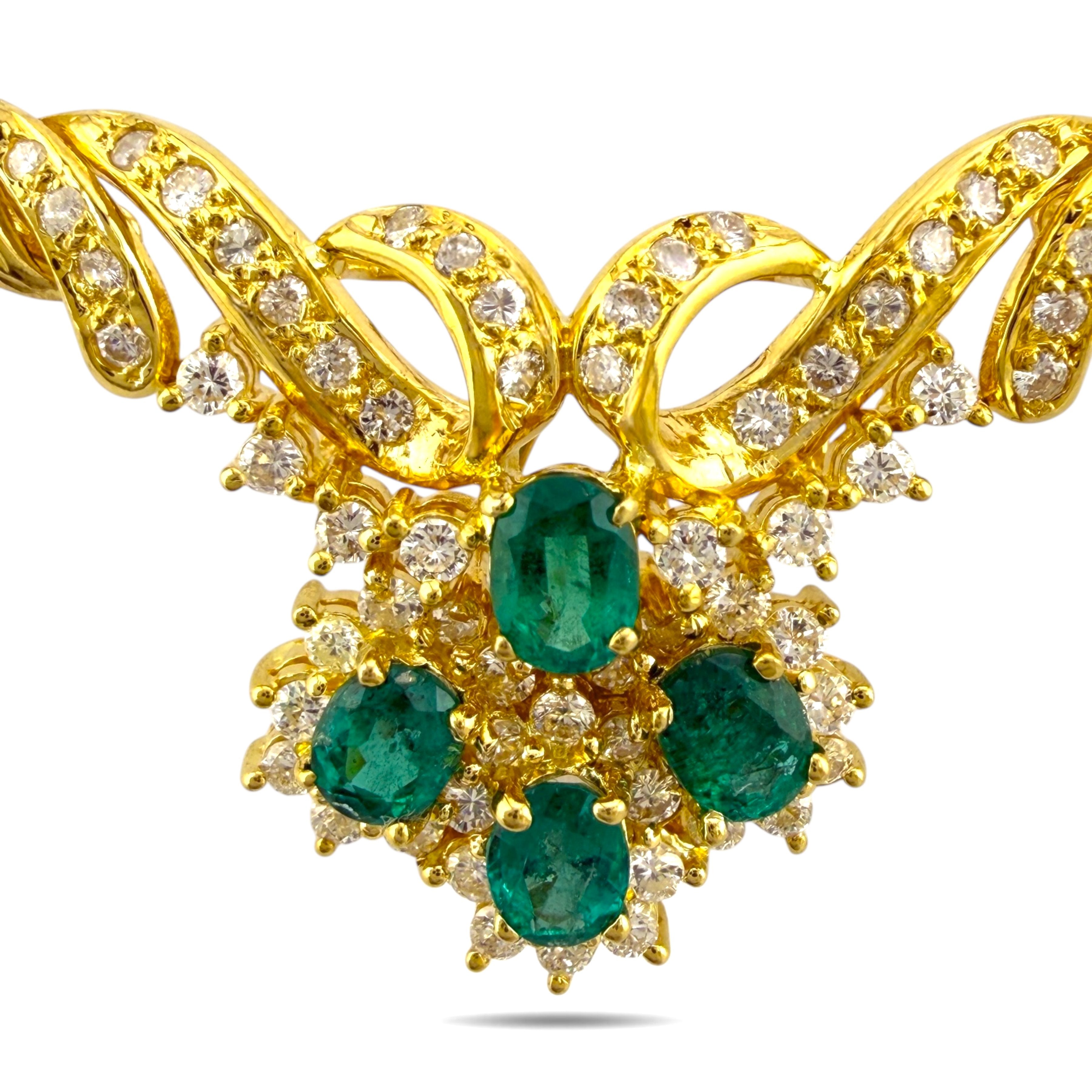 18K Yellow Gold Emerald and 2.36ct Diamond Necklace and Ring Set